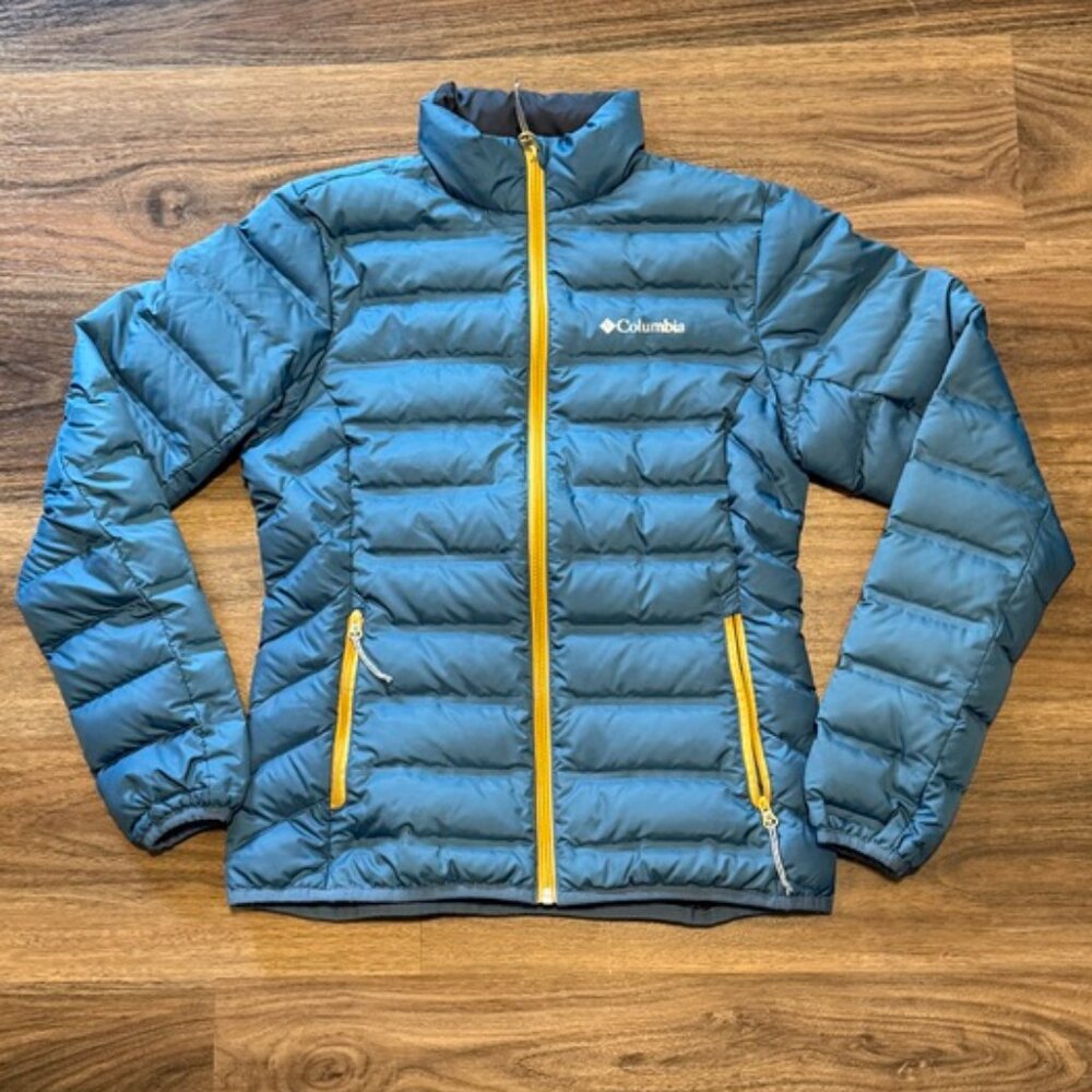 Columbia 650 Down Winter Jacket Women’s XS Blue with Yellow Zipper Puffer Coat